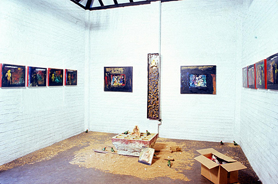 Jagath Weerasinghe: “Yantra Gala“ And The Round Pilgrimage 1999. Installation in the Heritage Gallery comprising eight oil paintings on canvas with collage, elements of an altar with wood, resin, clay, gold leaf, wheat, earth.